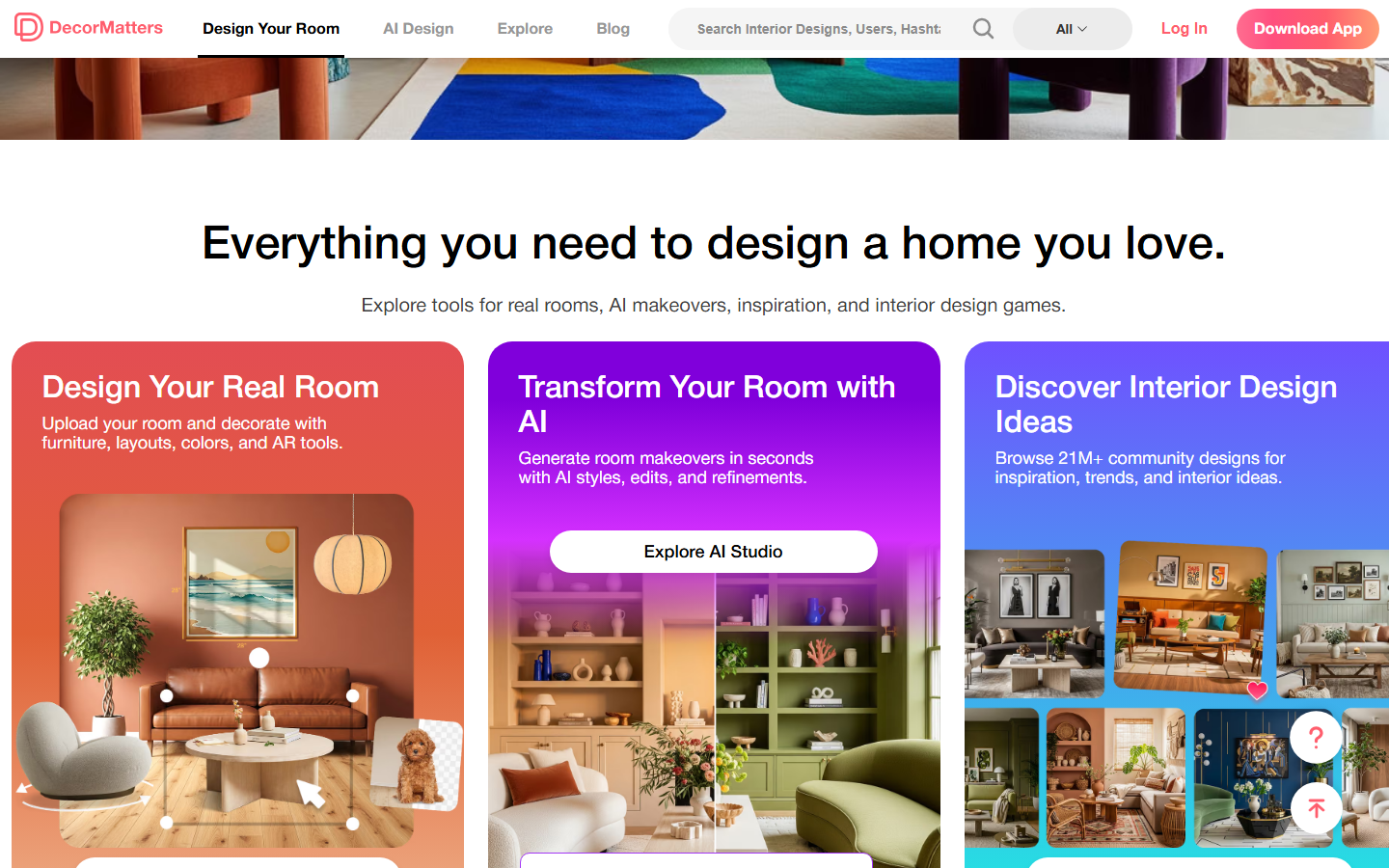 DecorMatters home page: the four pillars — real room, AI, explore, games