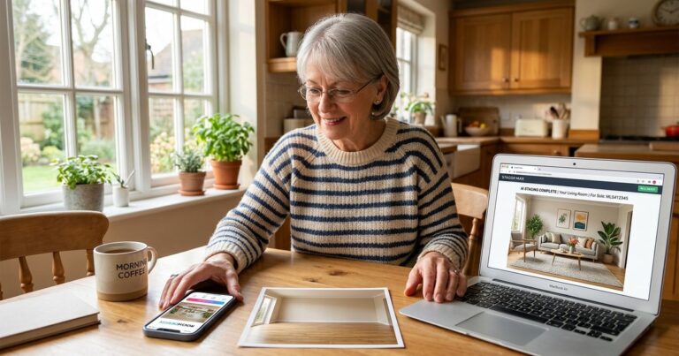 Woman weighing decormatters vs ai homedesign options on phone and laptop screens