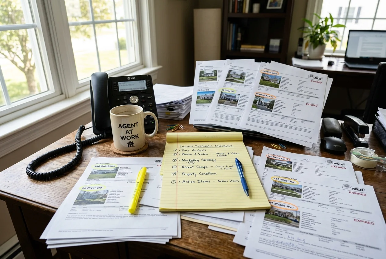 Printed expired listing sheets and checklist on a desk illustrate expired listing scripts prep work