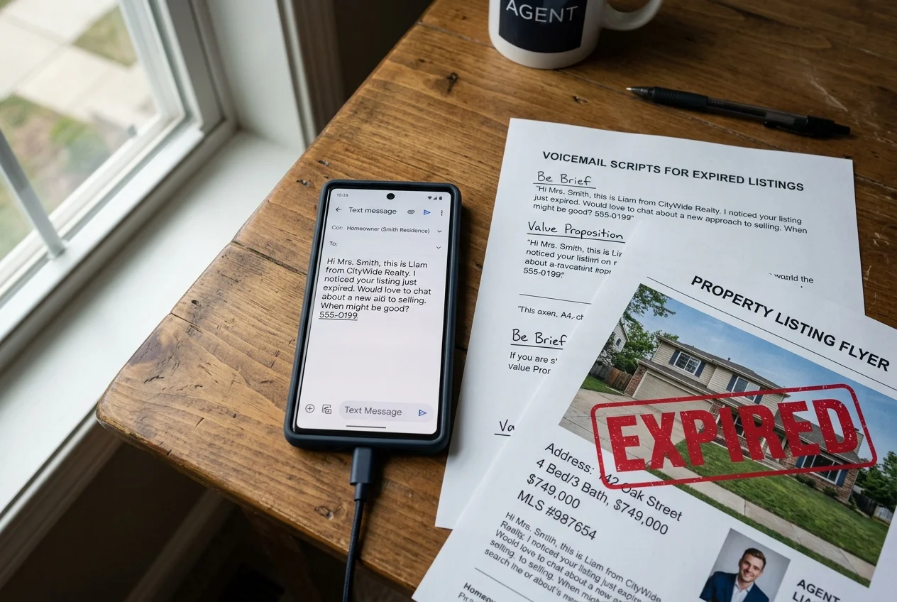 Phone and printed page show expired listing scripts for voicemail and text messages