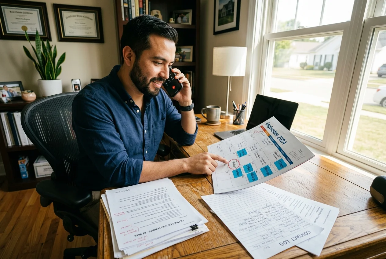 Agent reviewing expired listing scripts and a 30/60/90 day follow-up calendar at his desk