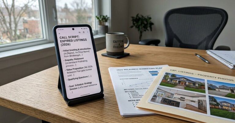 Phone screen showing expired listing scripts beside a printed relaunch plan on a desk