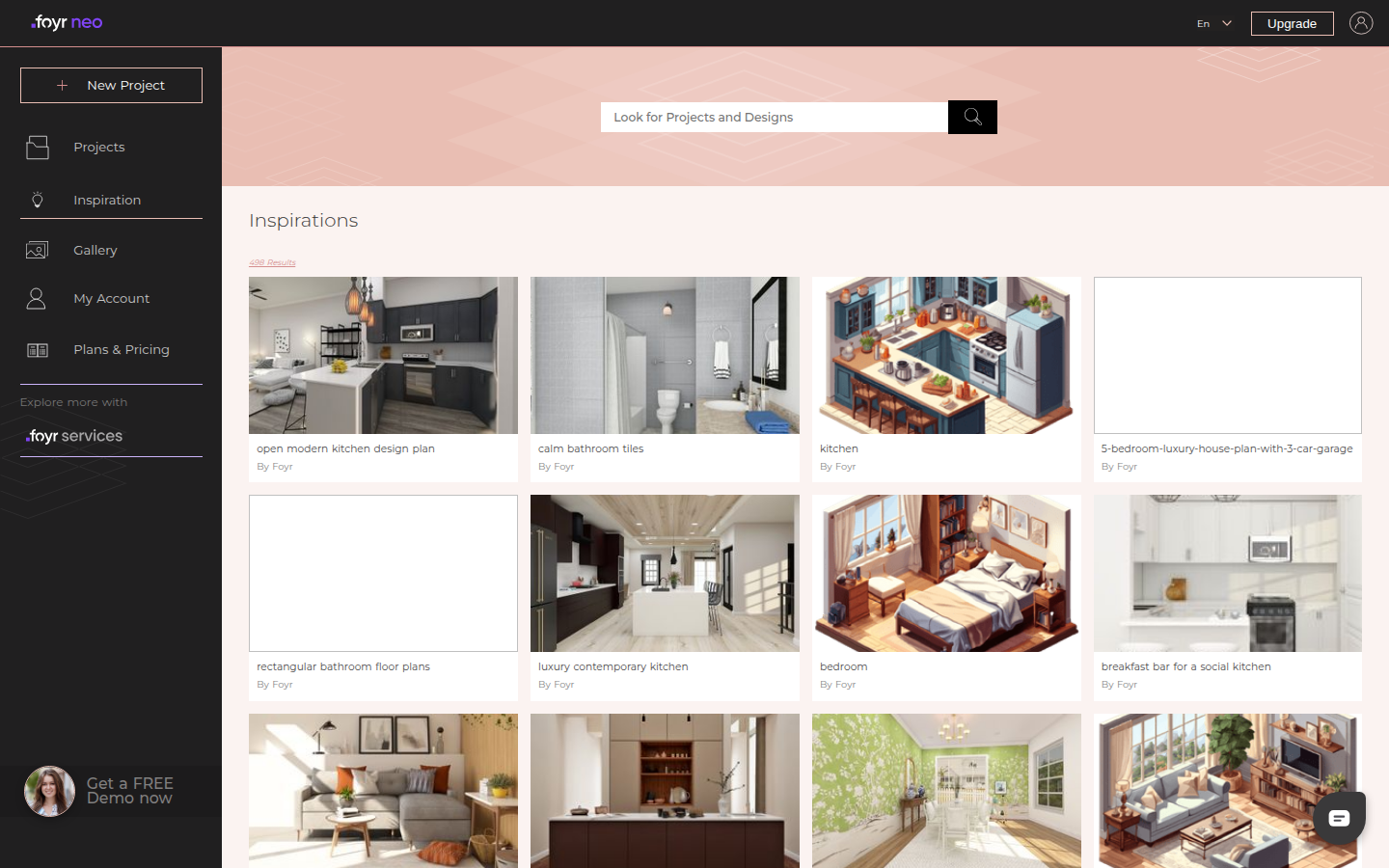 Foyr Neo product screenshot: Inspiration library, 498 ready-made designs