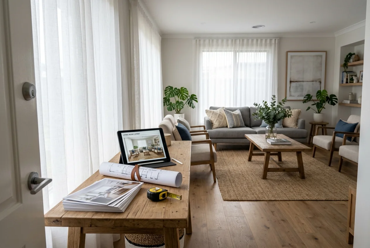 Designed living room with portable project files, illustrating havenly alternatives for switching design services