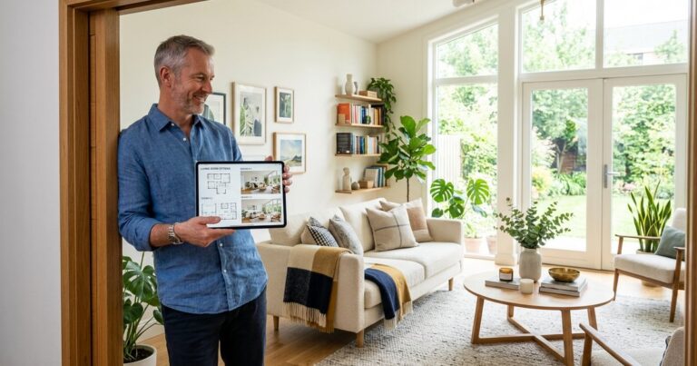Man reviewing digital design options against a finished living room, exploring havenly alternatives