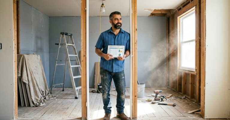 Investor reviewing house flipping software on a tablet inside a bedroom mid-renovation