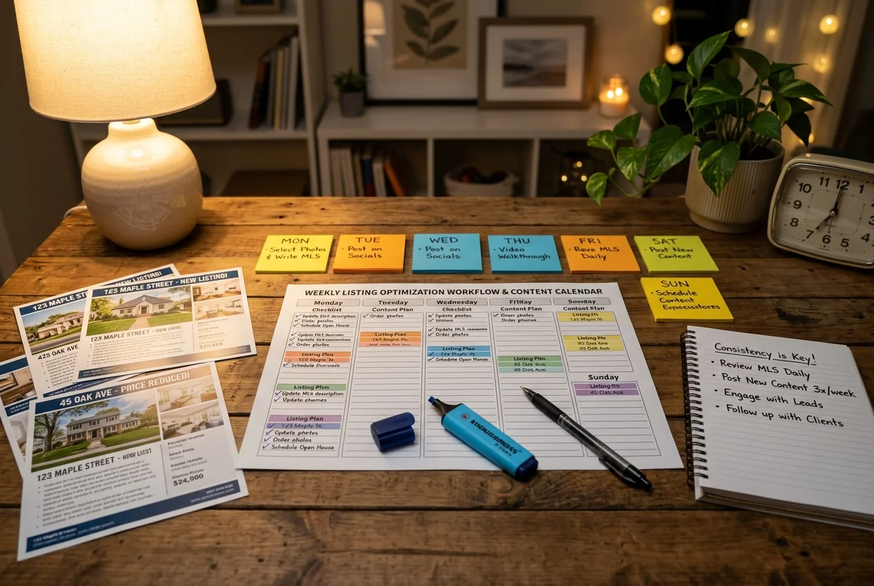 Printed weekly workflow checklist showing how to rank in ChatGPT for real estate listings