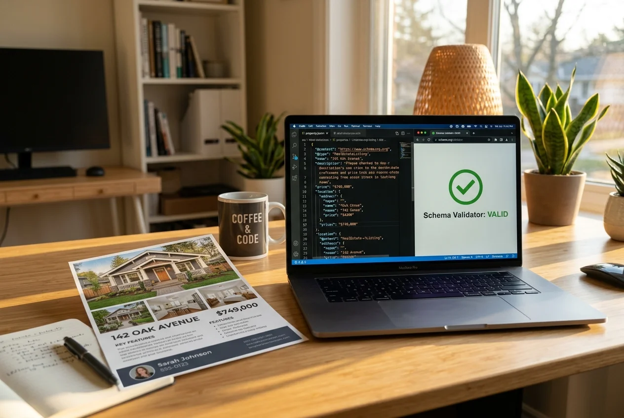 Laptop showing structured data validation beside printed listing, illustrating how to rank in ChatGPT