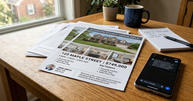 Printed listing flyer and phone with AI chat, illustrating how to rank in ChatGPT
