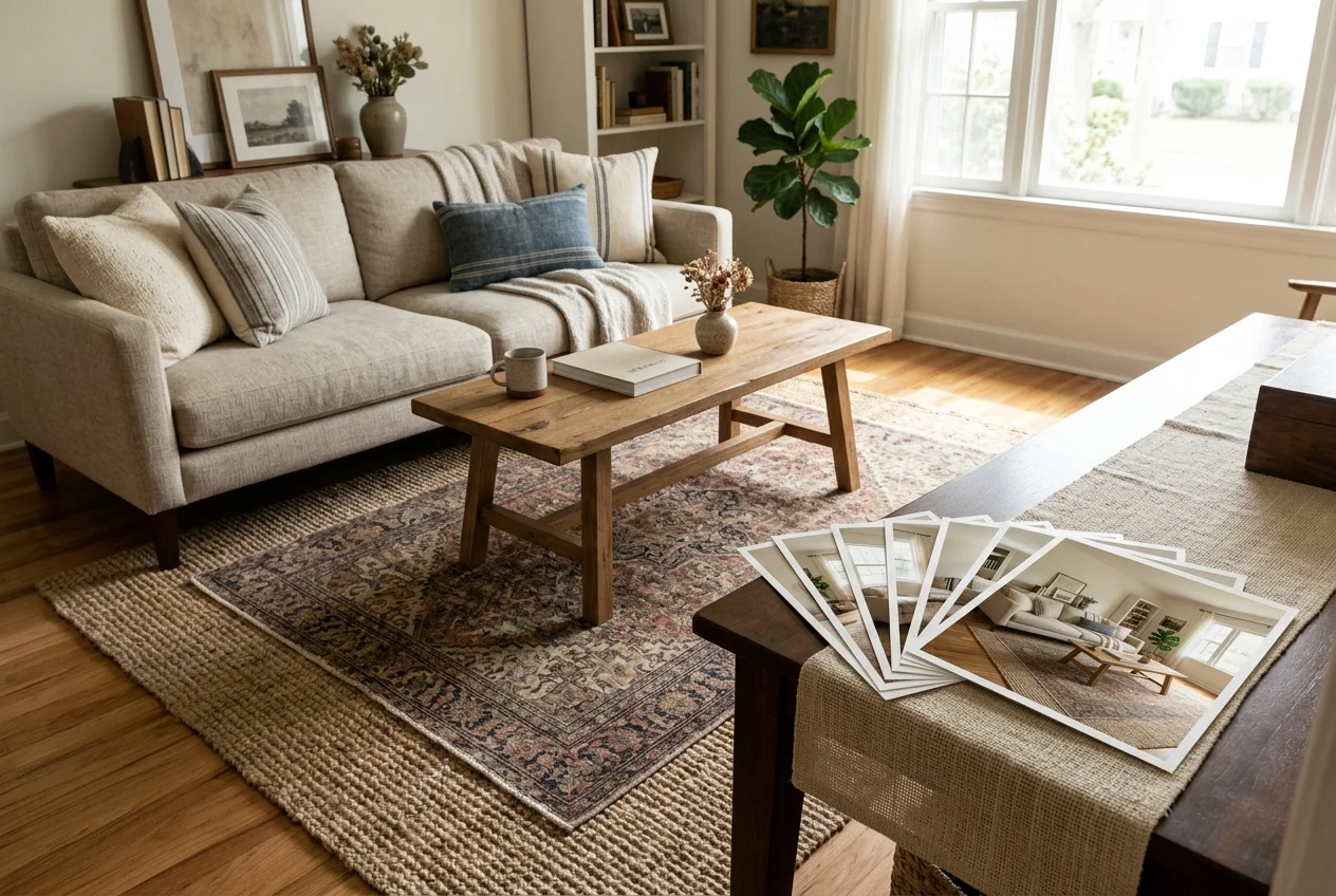 Designed living room with matching photo set showing consistency among palazzo spaces alternatives