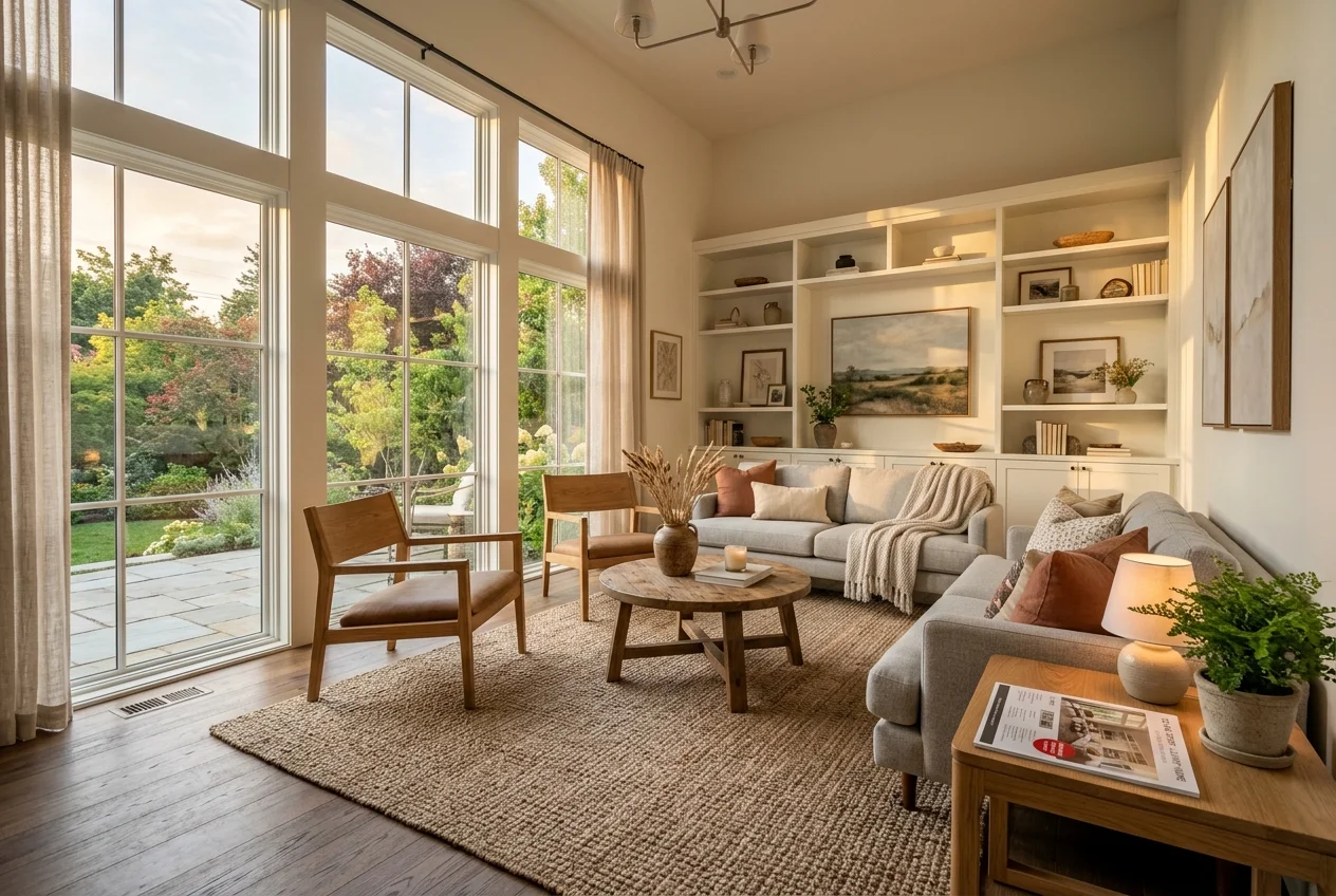 Designed interior with staging disclosure label, illustrating palazzo spaces alternatives compliance