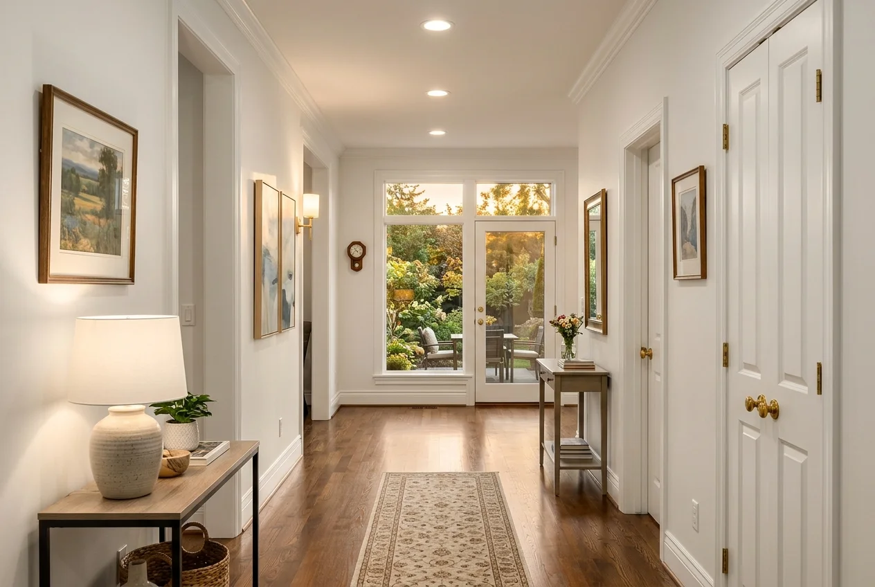Corrected hallway listing photo with balanced window exposure, a benchmark for pedra alternatives