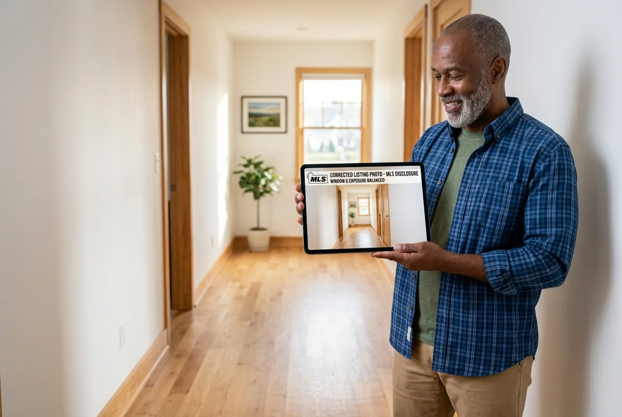 Black man reviews a corrected hallway listing photo for MLS disclosure while weighing pedra alternatives
