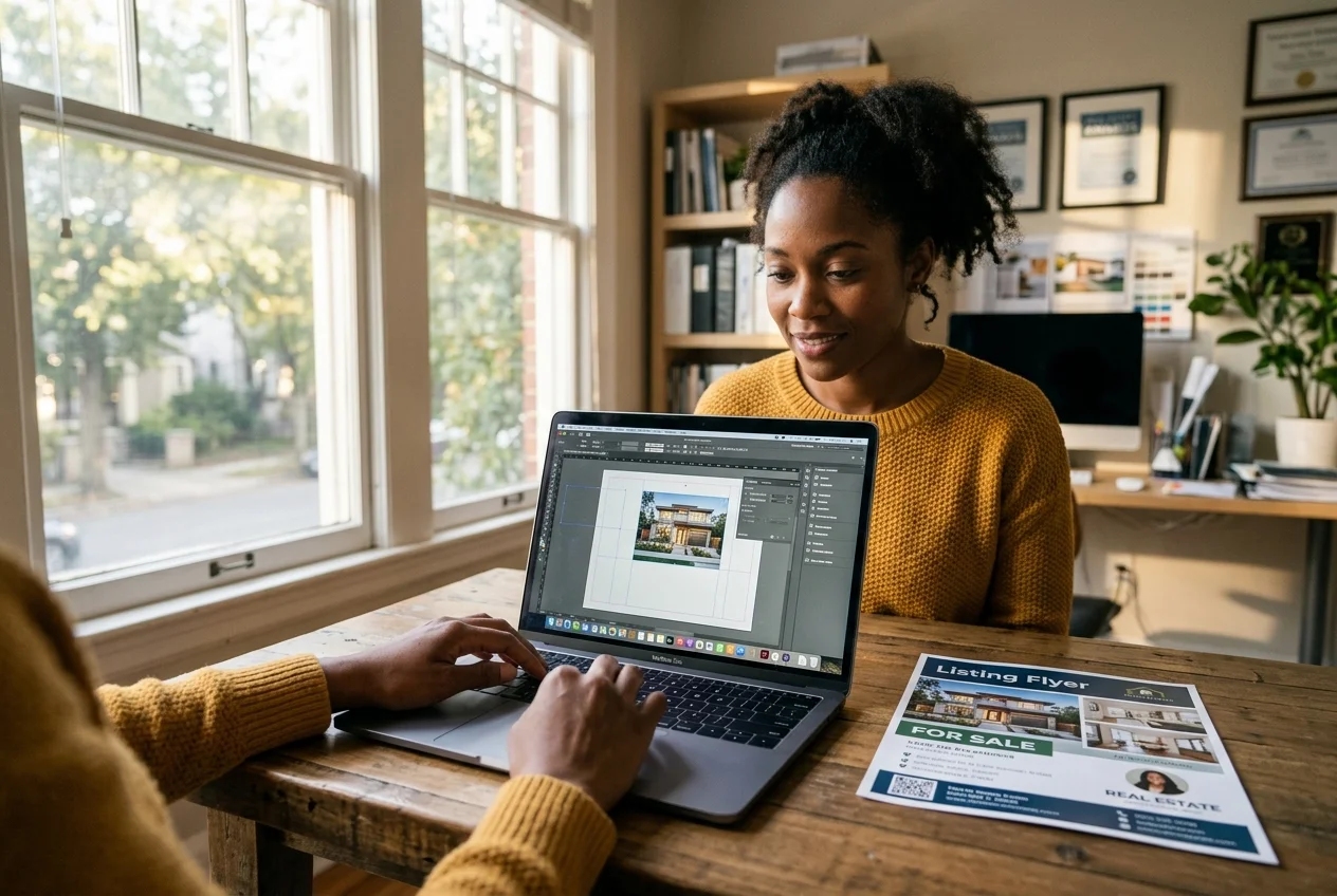 Real estate flyer maker software screen showing photo layout before print-ready PDF export