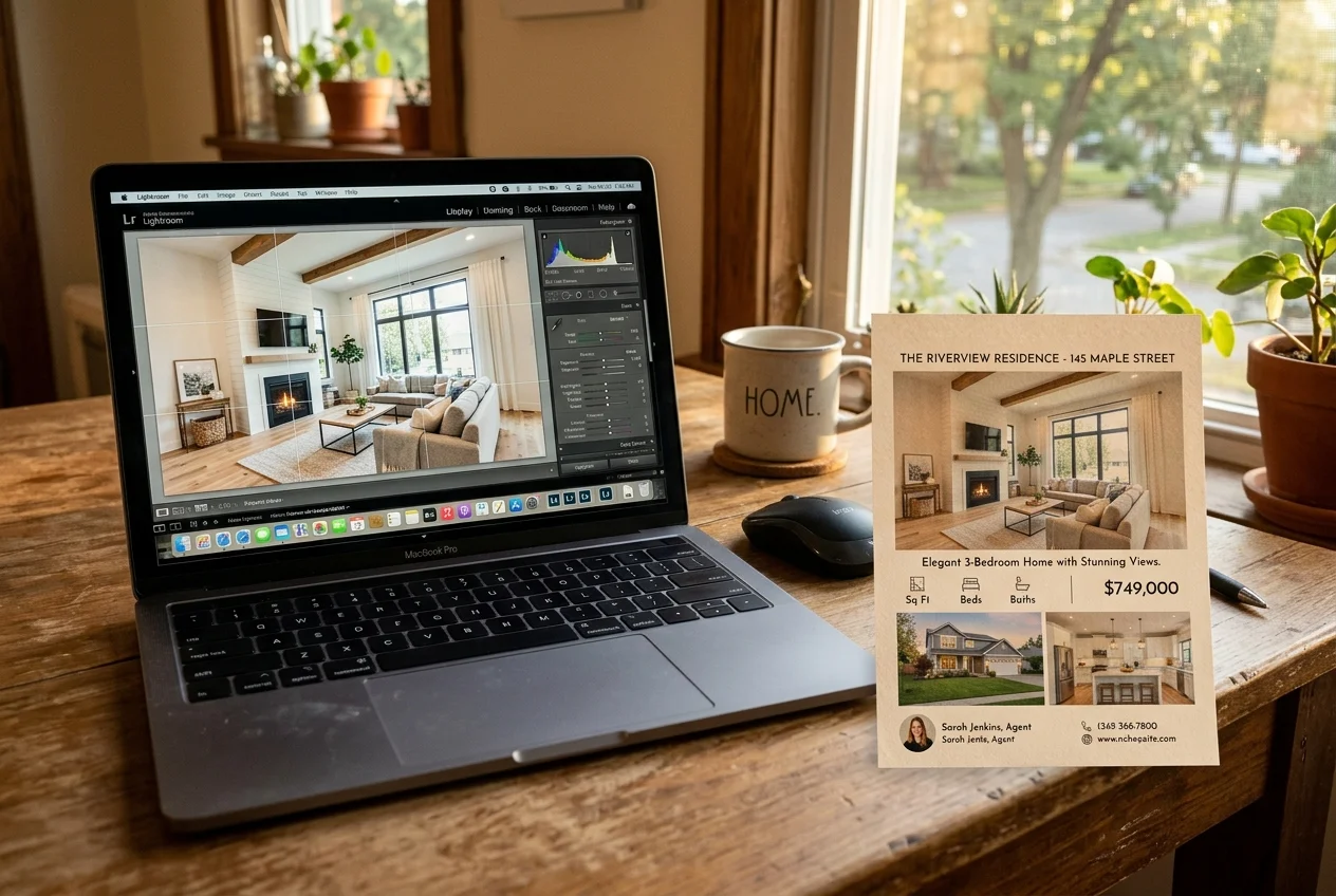 Printed flyer and photo editing screen showing prep steps for a real estate flyer maker