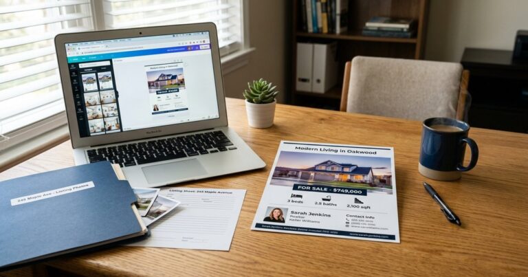 Printed flyer from a real estate flyer maker beside a laptop with design software open