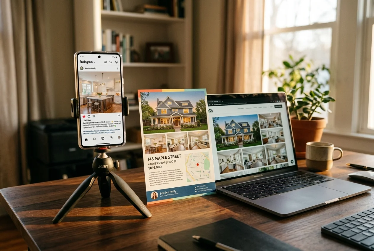 Desk setup showing a phone displaying real estate hashtags used for an Instagram listing post