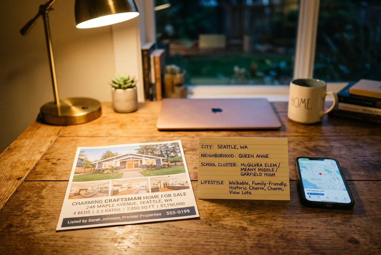 Printed listing notes with layered real estate hashtags for neighborhood and city tagging