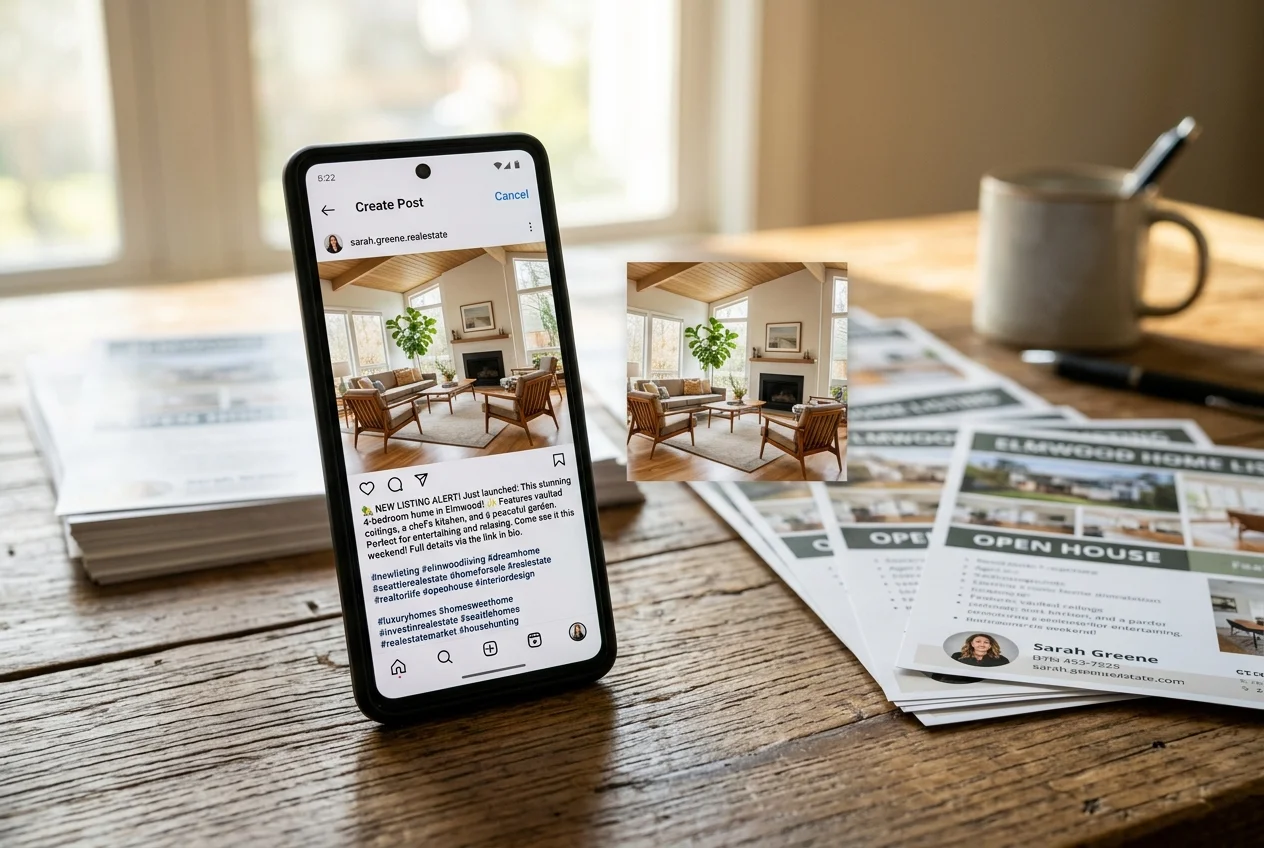 Phone screen showing an Instagram post with real estate hashtags for an agent account
