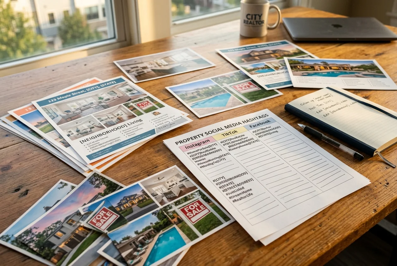 Printed tracking sheet organizing real estate hashtags by post type for Instagram, TikTok, Facebook