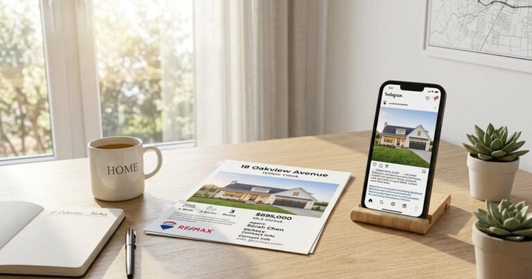 Phone and printed flyer showing real estate hashtags used across Instagram, TikTok and Facebook posts