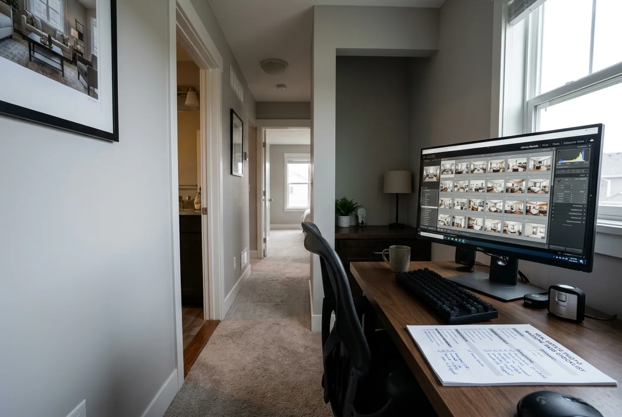 Calibrated monitor showing a baseline photo cull before applying real estate Lightroom presets