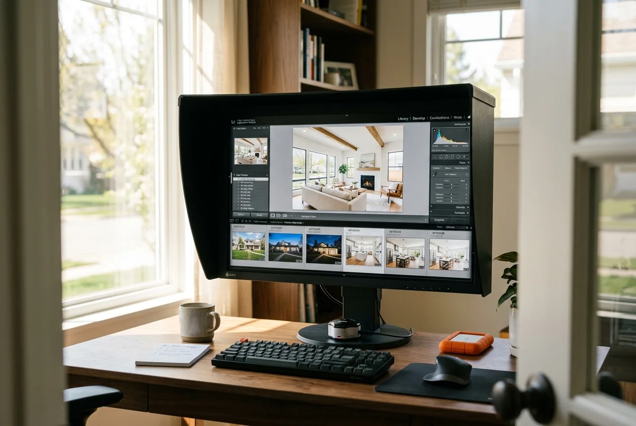 Calibrated monitor displaying real estate Lightroom presets applied to a listing photo