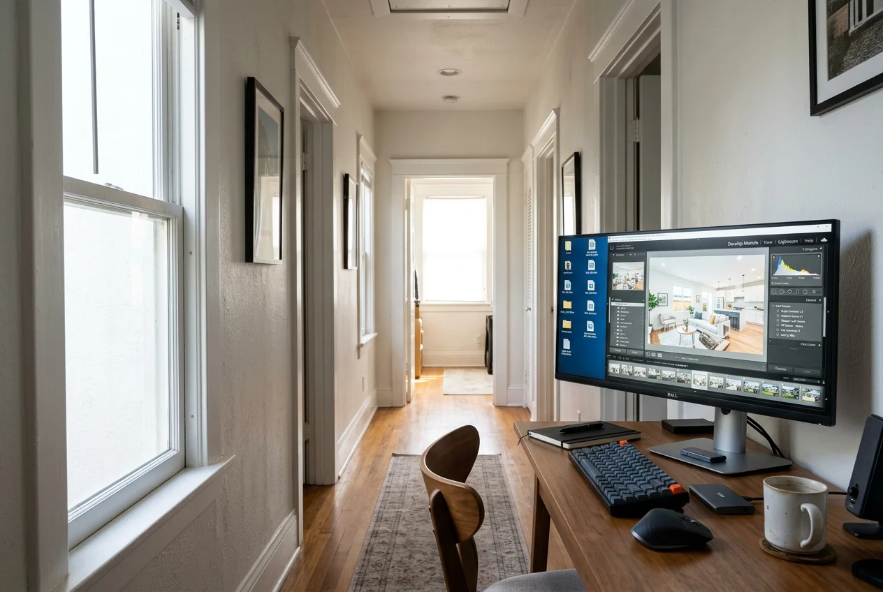Monitor showing real estate Lightroom presets applied during a photo cull workflow