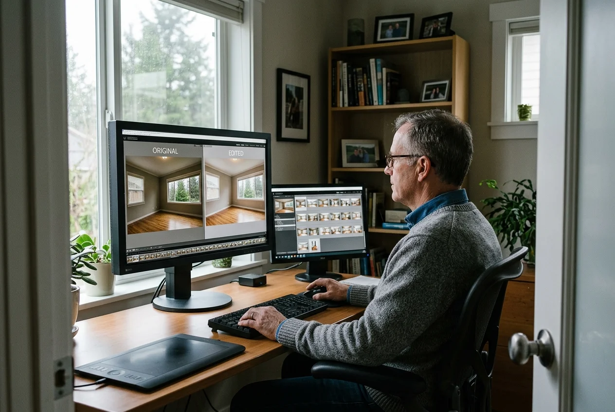 White man in his 50s checking real estate Lightroom presets on a calibrated monitor for color accuracy