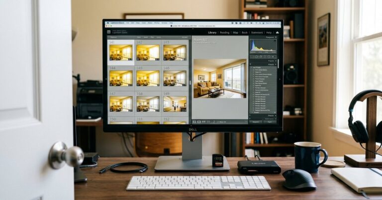 Calibrated monitor showing real estate lightroom presets applied during a RAW photo cull