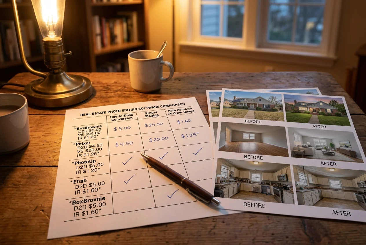 Printed checklist comparing real estate photo editing software costs for day-to-dusk, staging, and removal