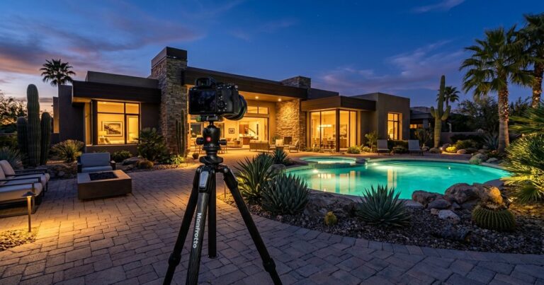 Camera on tripod at twilight shoot, illustrating real estate photographer phoenix pricing guide
