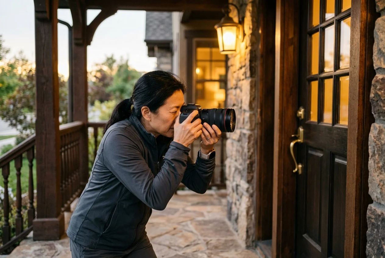 Real estate photographers Boise capturing warm evening detail shot of a home's entryway