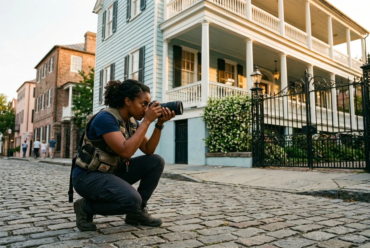 Real estate photographers charleston sc capturing porch depth and golden-hour light on a Charleston street