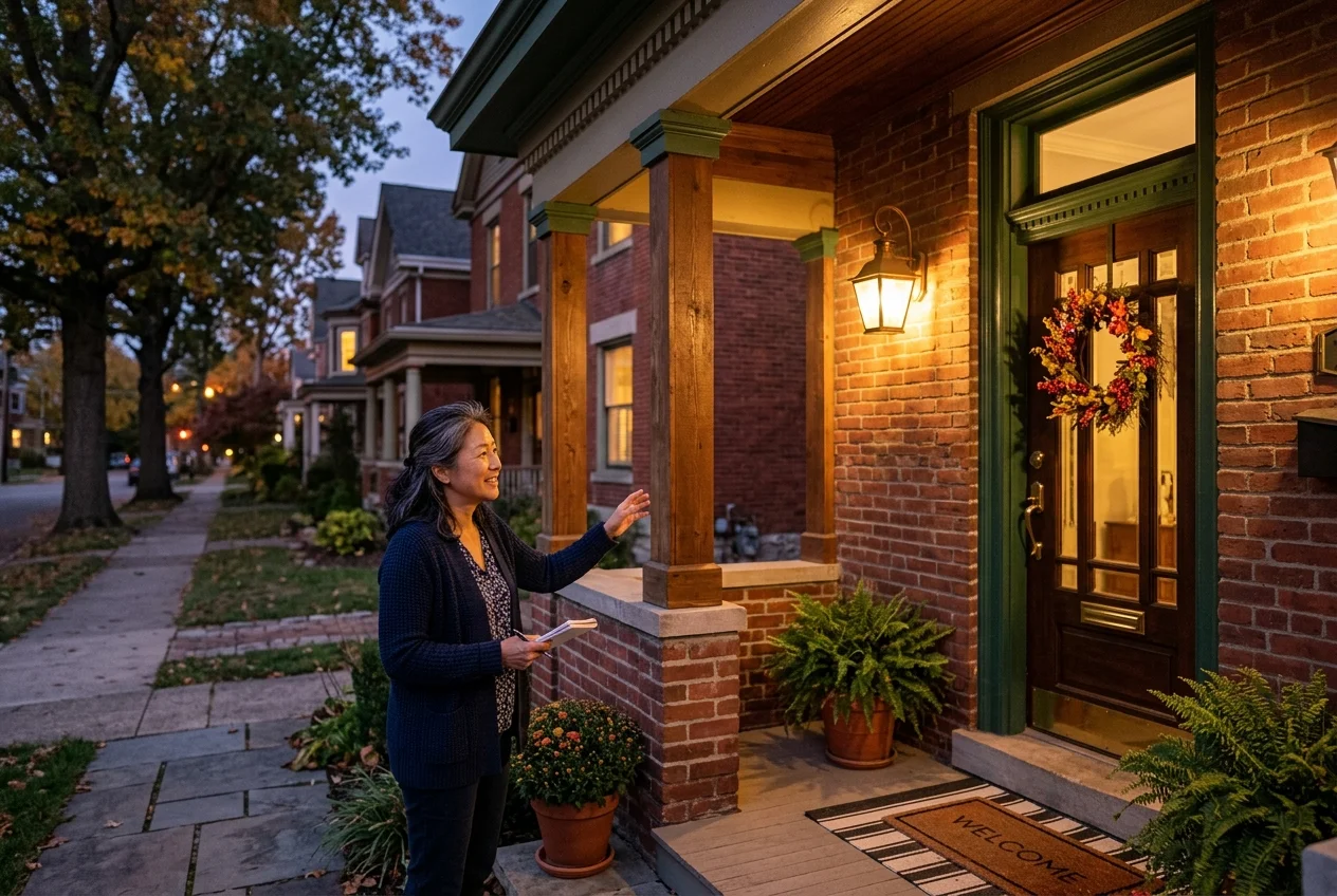 Cincinnati porch detail at dusk, illustrating why real estate photographers cincinnati focus on lighting