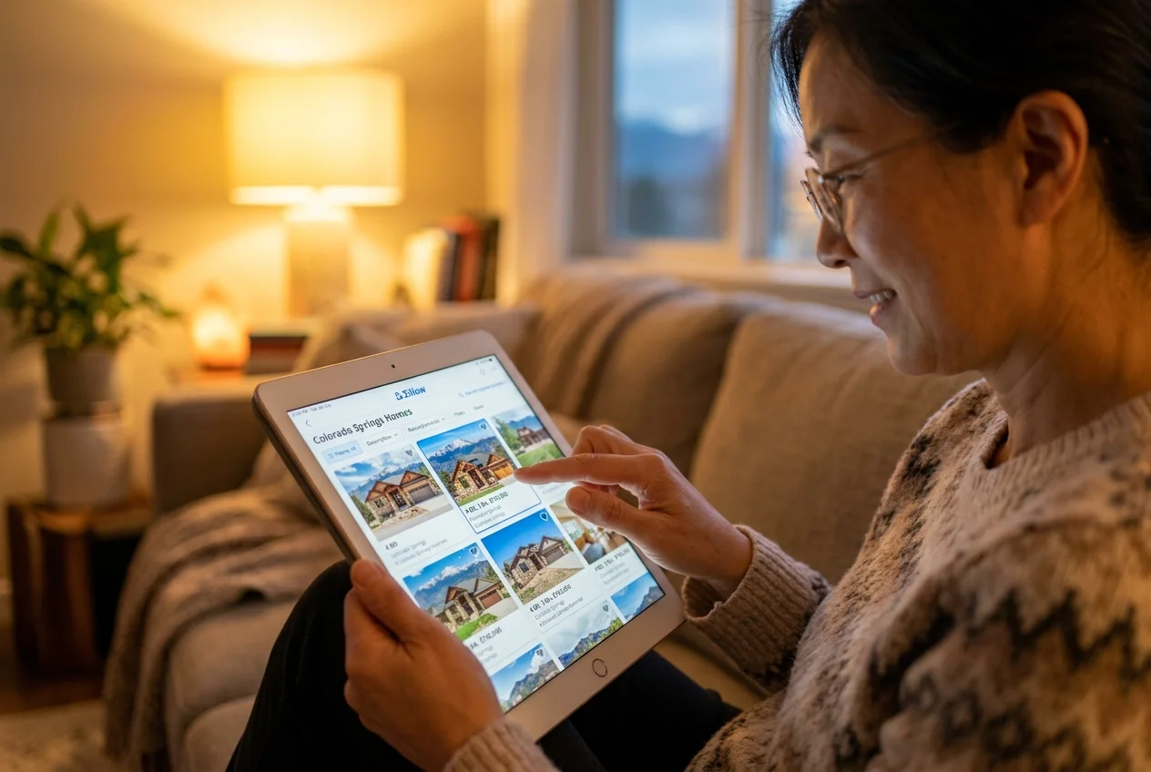Woman browsing listing photos, illustrating why real estate photographers colorado springs matter for buyers
