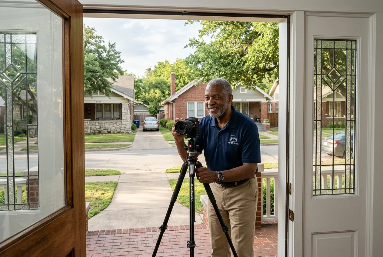 Real estate photographers fort worth capturing a home exterior from the doorway in morning light