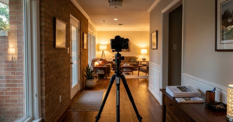 Camera set up mid-shoot in a Fort Worth home hallway, real estate photographers fort worth in action