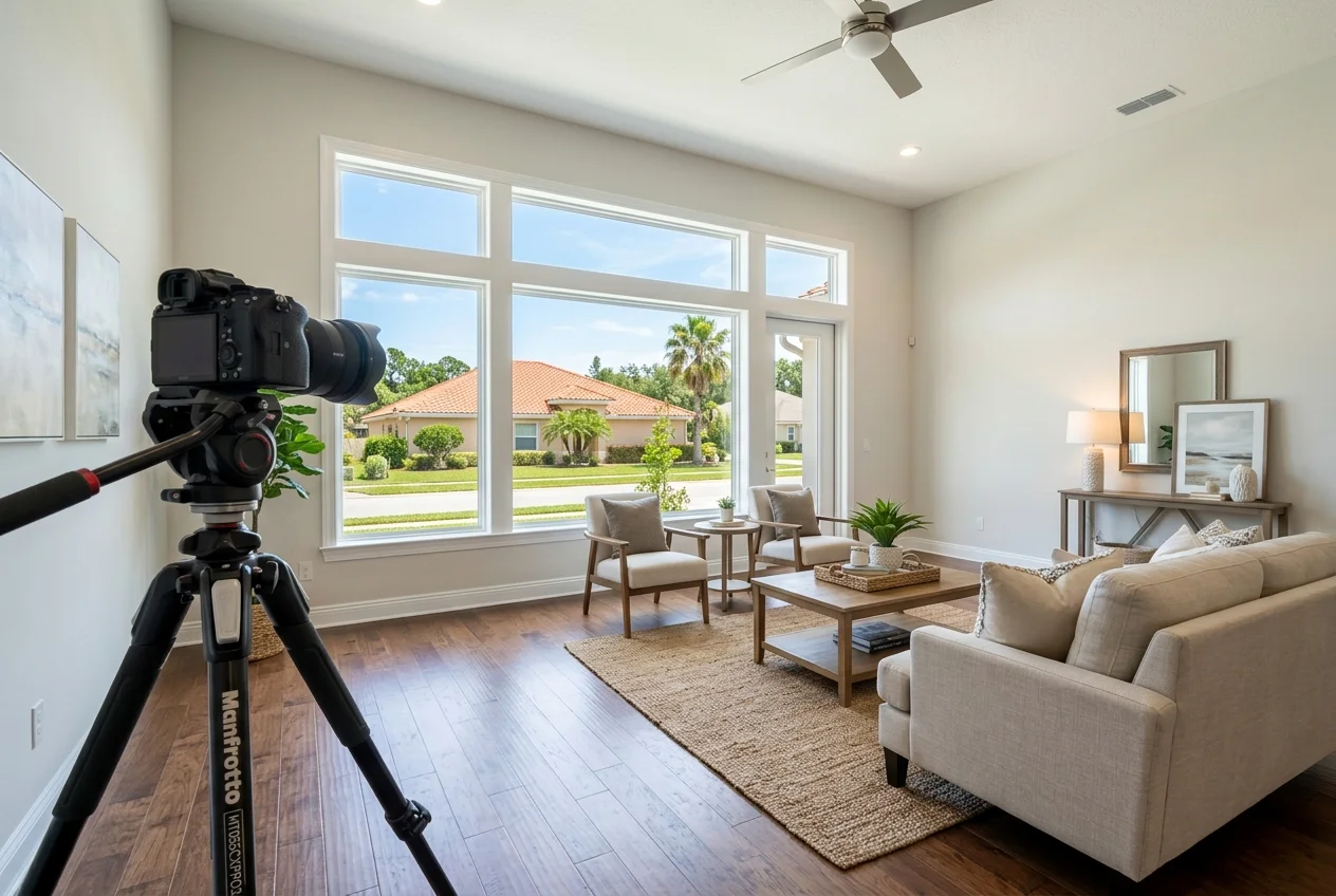 Camera setup showing how real estate photographers jacksonville capture bright, consistent listing photos