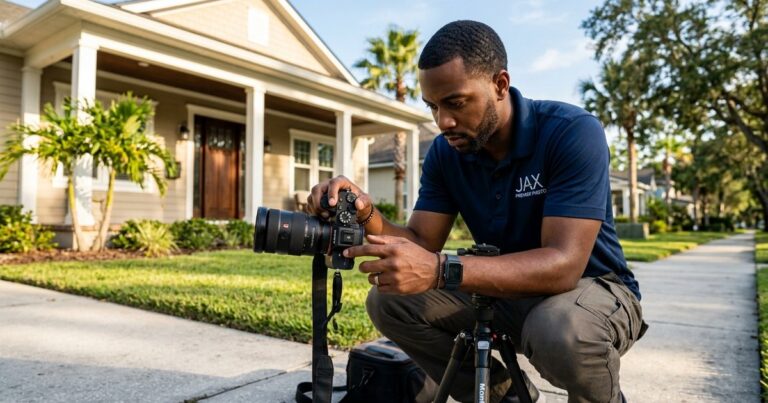 Real estate photographers jacksonville capturing a home's exterior detail on a residential street