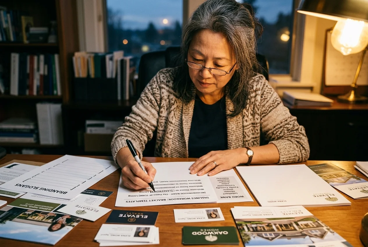 Woman editing printed real estate slogans with bracket placeholders and a word bank list