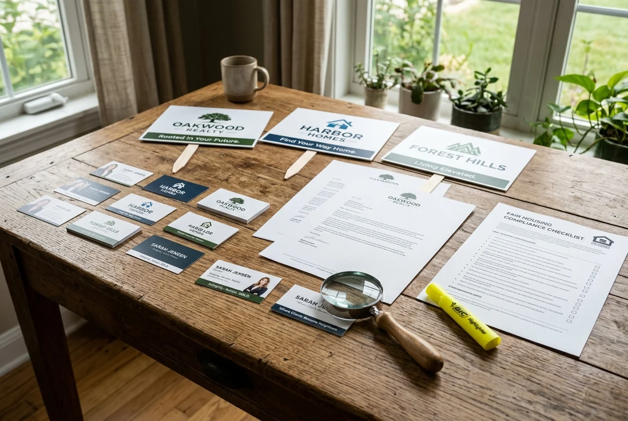 Printed real estate slogans reviewed on a desk for fair housing and trademark risk