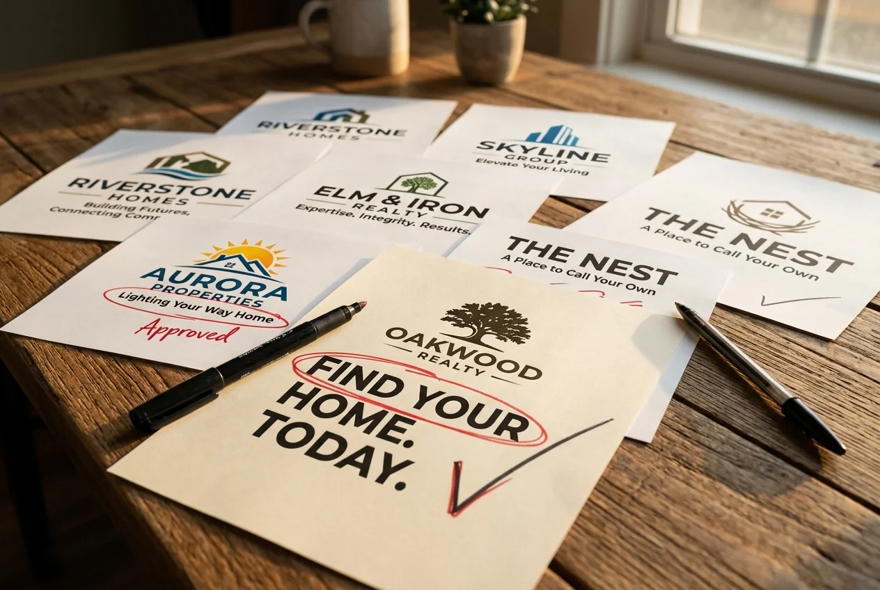 Printed real estate slogans on paper samples being reviewed on a desk