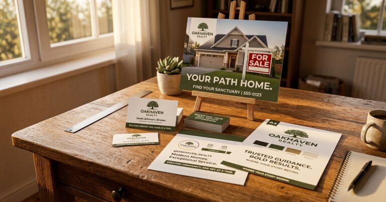 Printed branding samples on a desk showing examples of real estate slogans for agents