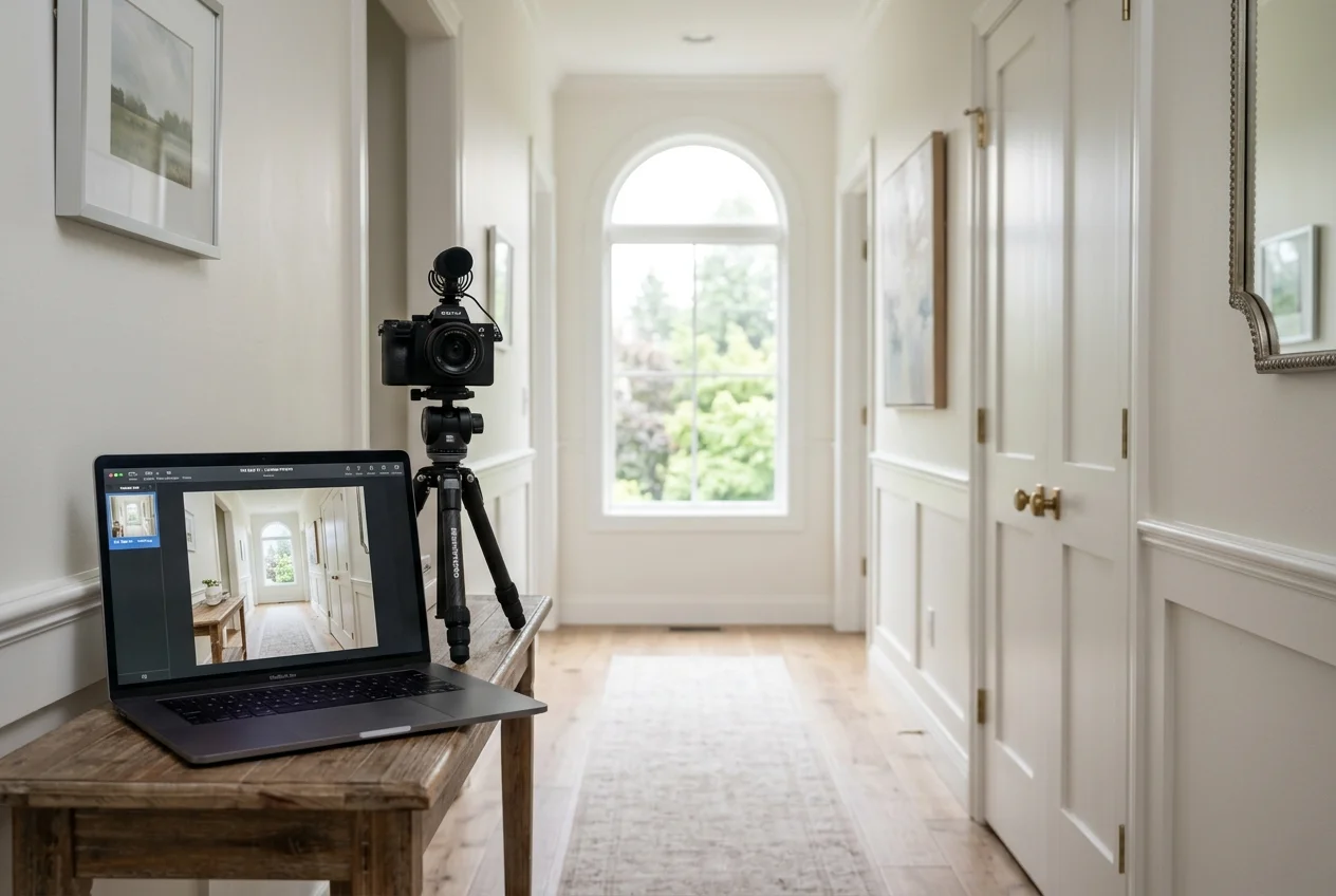 Hallway with corrected listing photo on laptop, illustrating a real estate videographer near me search