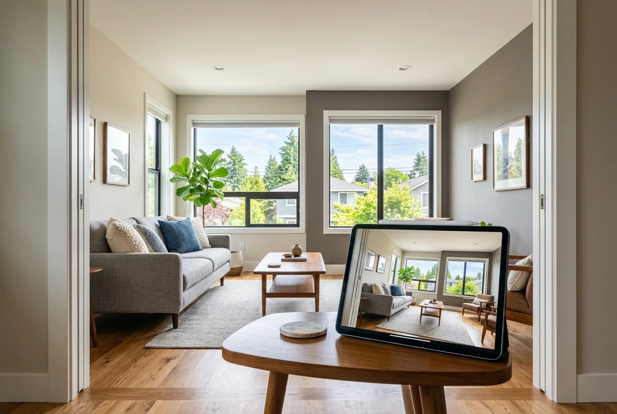 Corrected listing photo shown on tablet, a deliverable to compare when hiring a real estate videographer near me