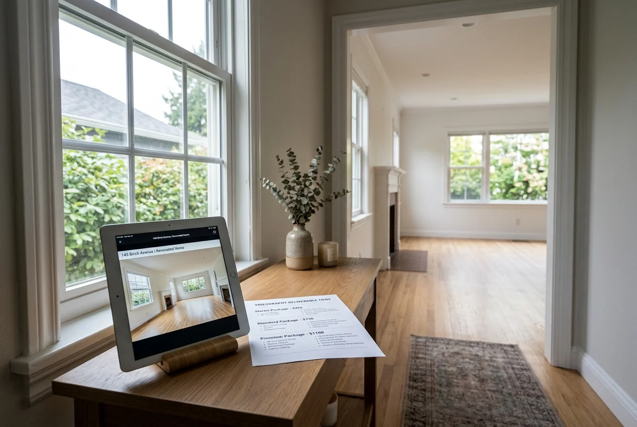 Corrected listing photo and price quote sheet used when hiring a real estate videographer near me