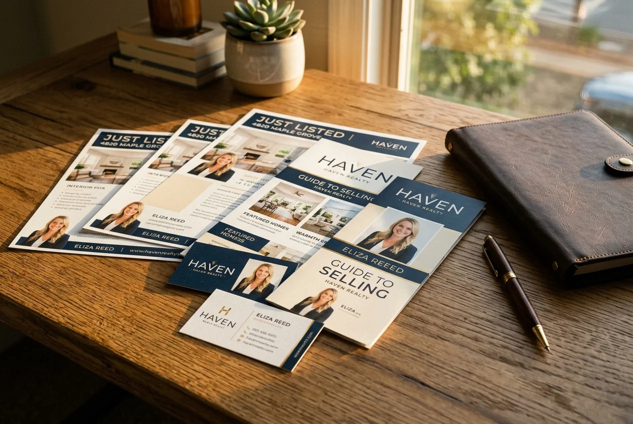 Printed branding samples showing consistent realtor marketing across cards and flyers