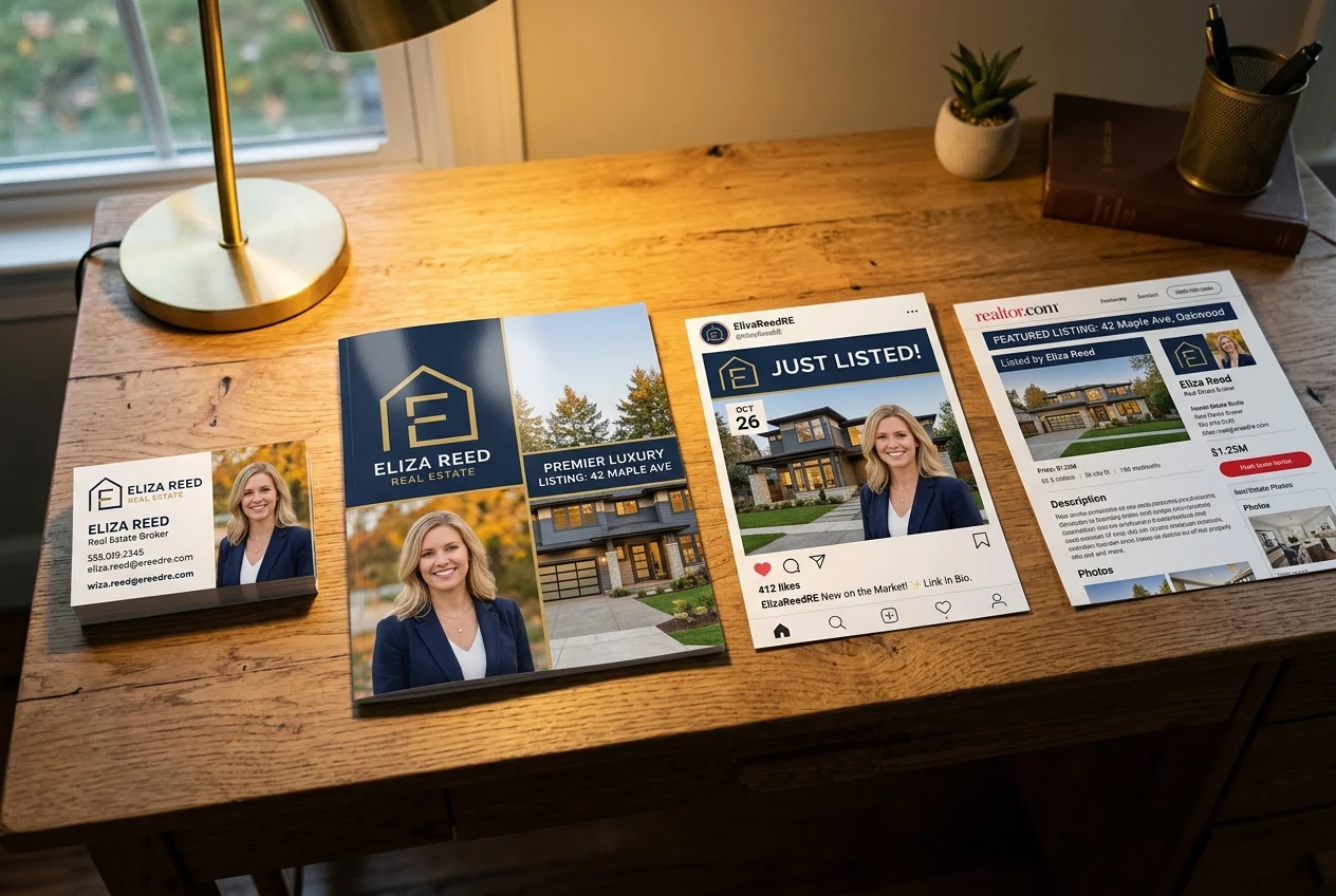 Printed branding samples on a desk illustrating realtor marketing assets sellers see first