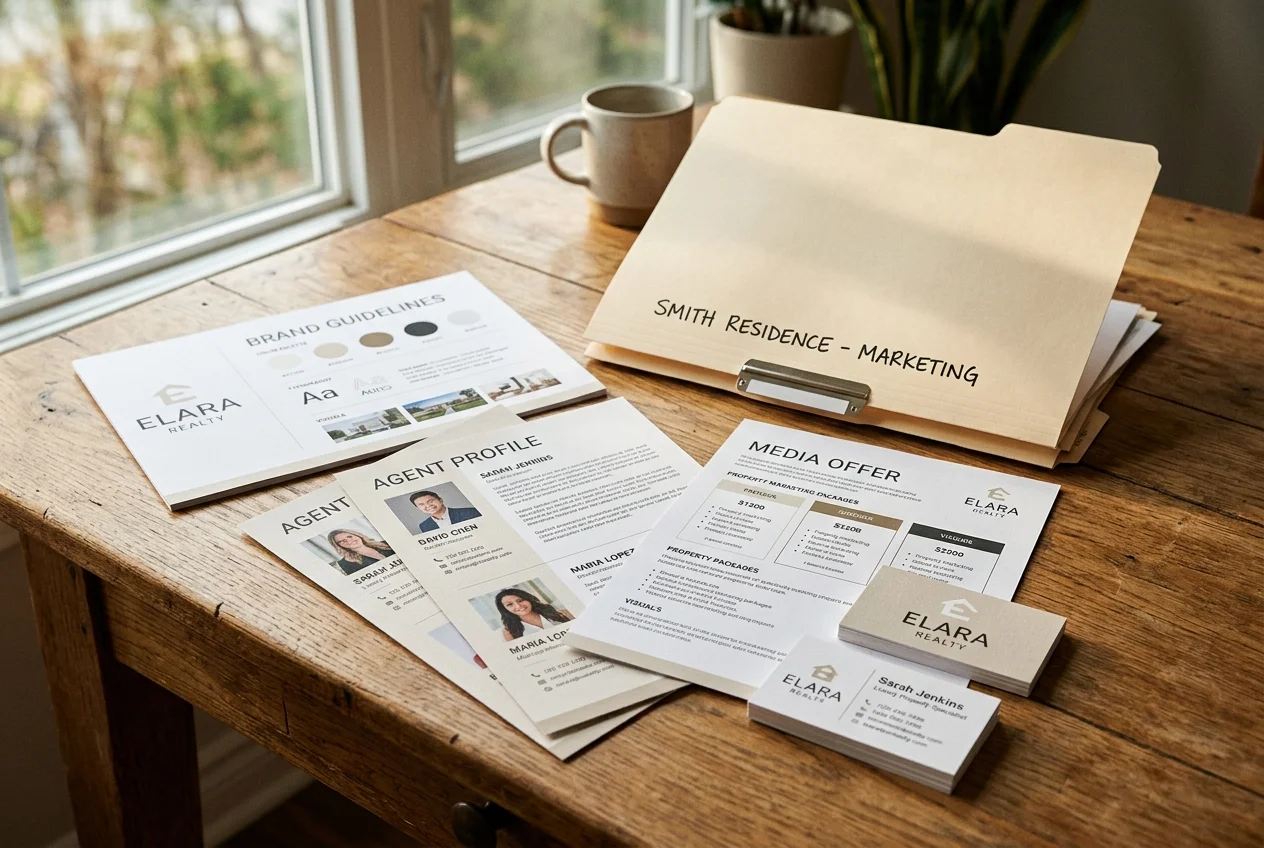 Printed brand sheet and bio pages on a desk illustrating realtor marketing artifacts from a weekend brand build